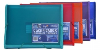 CARPETA CLASIFICADORA DE FUELLE 12 POSICIONES CON GOMAS COLORES SURTIDOS HFP
